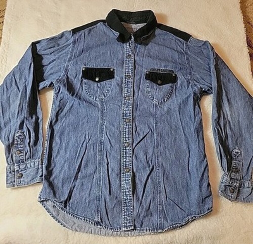 Harley Davidson Women's Blue Denim Button Up Shirt Jacket Suede Trim READ